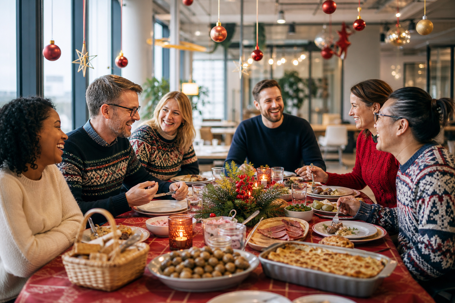 Swedish Feast on Office Desk With Happy Colleagues
